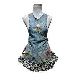 Vintage Denim Apron with Floral Ruffle